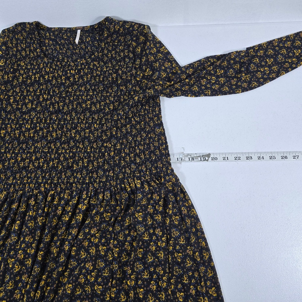 Free People Floral Smocked Maxi‎ Dress Black Yellow Long Sleeve Size S - Picture 2 of 8